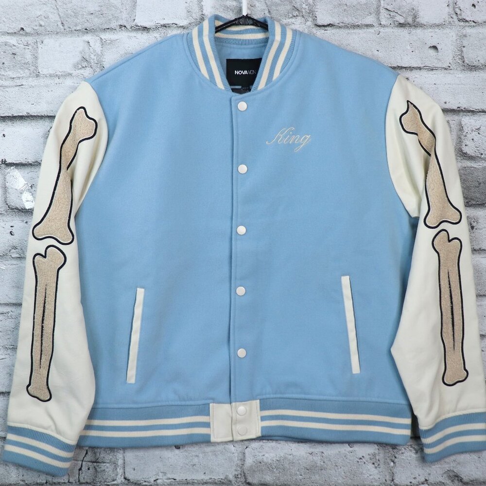 Nova Men Cone Applique Varsity Bomber Button Down Jacket Light Blue Size Xl